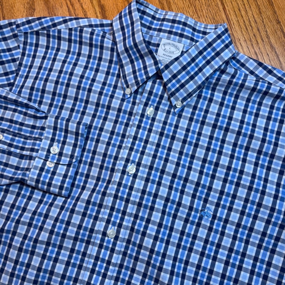 Brooks Brothers Regent Shirt Men L Blue Plaid Non-Iron Supima Cotton Button Down